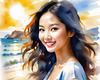 Sun-Kissed Girl with Sunny Smile in Beachwear against Ocean Waves and Blue Sky Art Print