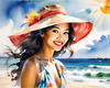 Sun-Kissed Girl with Sunny Smile in Beachwear against Ocean Waves and Blue Sky Art Print