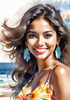 Sun-Kissed Girl with Sunny Smile in Beachwear against Ocean Waves and Blue Sky Art Print
