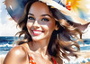 Sun-Kissed Girl with Sunny Smile in Beachwear against Ocean Waves and Blue Sky Art Print