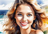 Sun-Kissed Girl with Sunny Smile in Beachwear against Ocean Waves and Blue Sky Art Print