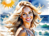 Sun-Kissed Girl with Sunny Smile in Beachwear against Ocean Waves and Blue Sky Art Print