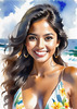 Sun-Kissed Girl with Sunny Smile in Beachwear against Ocean Waves and Blue Sky Art Print