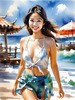 Sun-Kissed Girl with Sunny Smile in Beachwear against Ocean Waves and Blue Sky Art Print