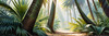 Printable art of a realistic palm forest with sun rays filtering through