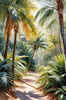 Printable art of a realistic palm forest with sun rays filtering through