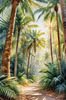 Printable art of a realistic palm forest with sun rays filtering through
