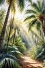 Printable art of a realistic palm forest with sun rays filtering through