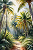 Printable art of a realistic palm forest with sun rays filtering through
