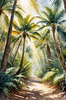 Printable art of a realistic palm forest with sun rays filtering through