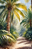 Printable art of a realistic palm forest with sun rays filtering through
