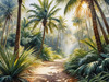 Printable art of a realistic palm forest with sun rays filtering through