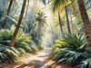 Printable art of a realistic palm forest with sun rays filtering through