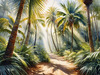 Printable art of a realistic palm forest with sun rays filtering through