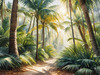 Printable art of a realistic palm forest with sun rays filtering through