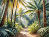 Printable art of a realistic palm forest with sun rays filtering through