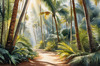 Printable art of a realistic palm forest with sun rays filtering through