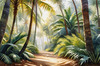 Printable art of a realistic palm forest with sun rays filtering through