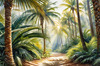 Printable art of a realistic palm forest with sun rays filtering through