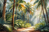Printable art of a realistic palm forest with sun rays filtering through