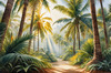 Printable art of a realistic palm forest with sun rays filtering through
