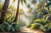 Printable art of a realistic palm forest with sun rays filtering through