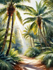 Printable art of a realistic palm forest with sun rays filtering through