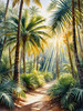 Printable art of a realistic palm forest with sun rays filtering through