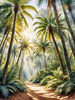 Printable art of a realistic palm forest with sun rays filtering through