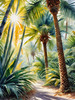 Printable art of a realistic palm forest with sun rays filtering through