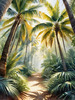 Printable art of a realistic palm forest with sun rays filtering through
