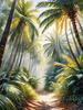Printable art of a realistic palm forest with sun rays filtering through
