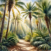 Printable art of a realistic palm forest with sun rays filtering through