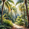 Printable art of a realistic palm forest with sun rays filtering through