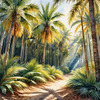 Printable art of a realistic palm forest with sun rays filtering through
