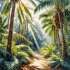 Printable art of a realistic palm forest with sun rays filtering through
