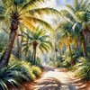 Printable art of a realistic palm forest with sun rays filtering through