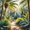 Printable art of a realistic palm forest with sun rays filtering through