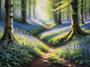 Sunlit Bluebell Glade in Forest Landscape Art Print
