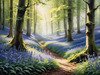 Sunlit Bluebell Glade in Forest Landscape Art Print
