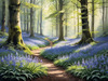 Sunlit Bluebell Glade in Forest Landscape Art Print