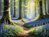 Sunlit Bluebell Glade in Forest Landscape Art Print