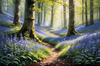 Sunlit Bluebell Glade in Forest Landscape Art Print