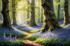 Sunlit Bluebell Glade in Forest Landscape Art Print
