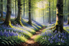 Sunlit Bluebell Glade in Forest Landscape Art Print