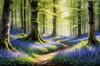 Sunlit Bluebell Glade in Forest Landscape Art Print