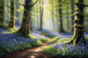 Sunlit Bluebell Glade in Forest Landscape Art Print