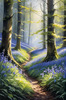 Sunlit Bluebell Glade in Forest Landscape Art Print