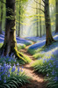 Sunlit Bluebell Glade in Forest Landscape Art Print