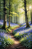 Sunlit Bluebell Glade in Forest Landscape Art Print